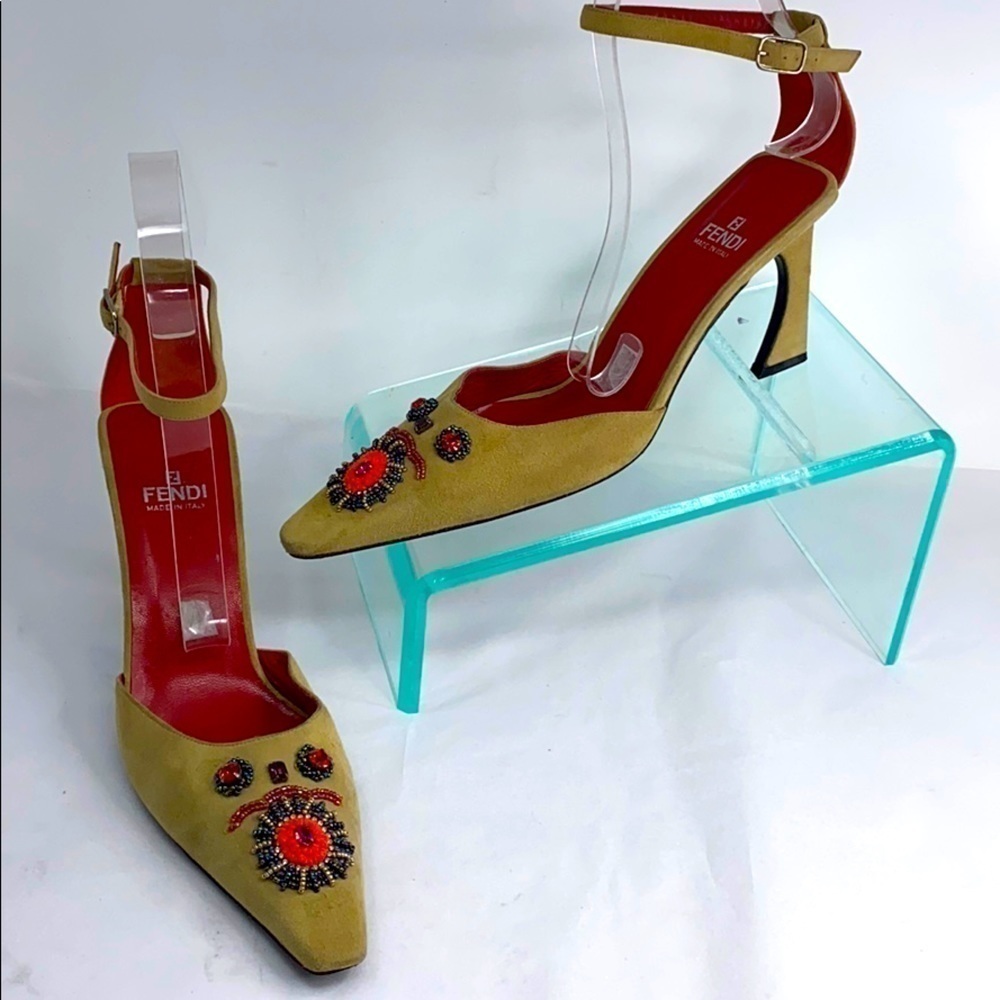 Fendi Sz 9.5M Beige Suede Beaded Ankle Strap Heels